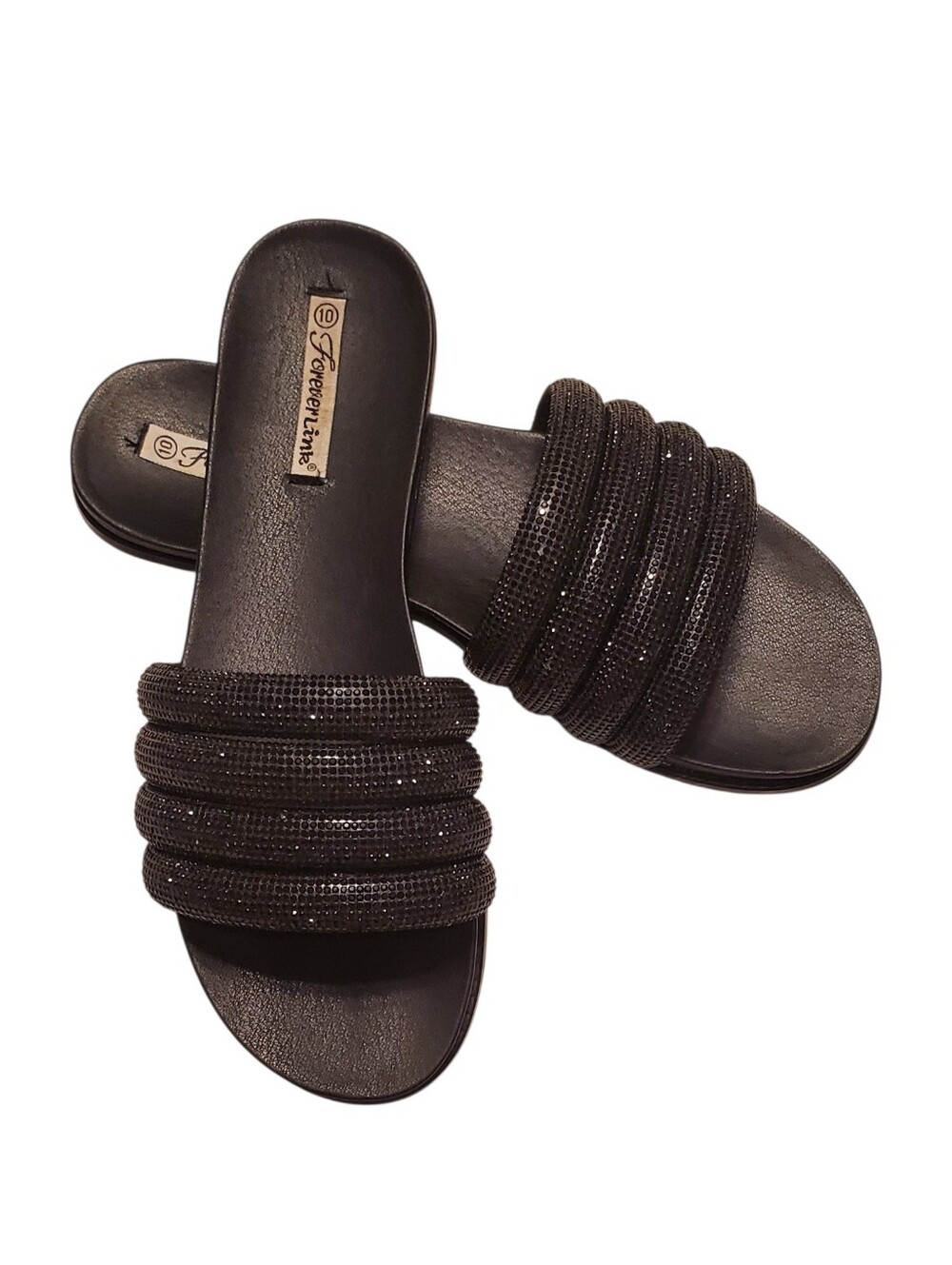 Forever Link Kilter-64 Black Rhinestone Slide Sandals Glam Sparkle Flats Size 10